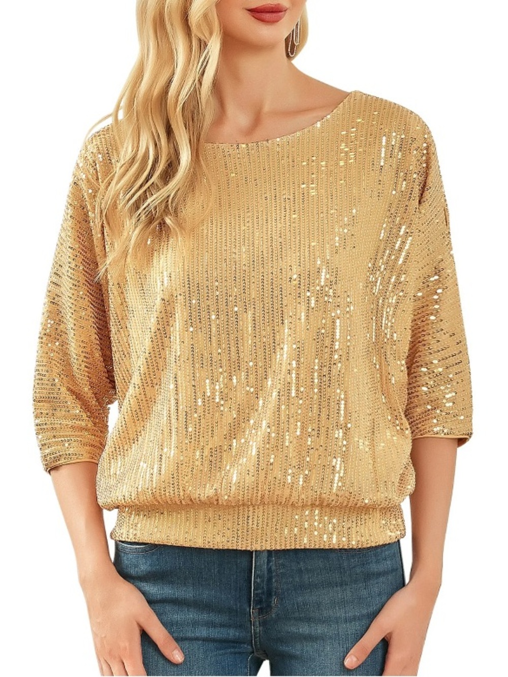 PrettyGuide Gold Sequin 3/4 Batwing Sleeve Loose Shimmer Top Size L